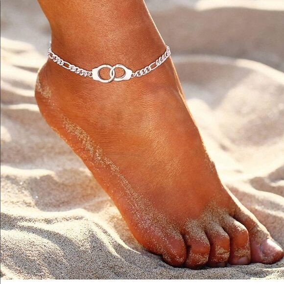 NEW Handcuff Anklet Silver Figaro Chain Handcuff Ankle Bracelet - Picture 1 of 9